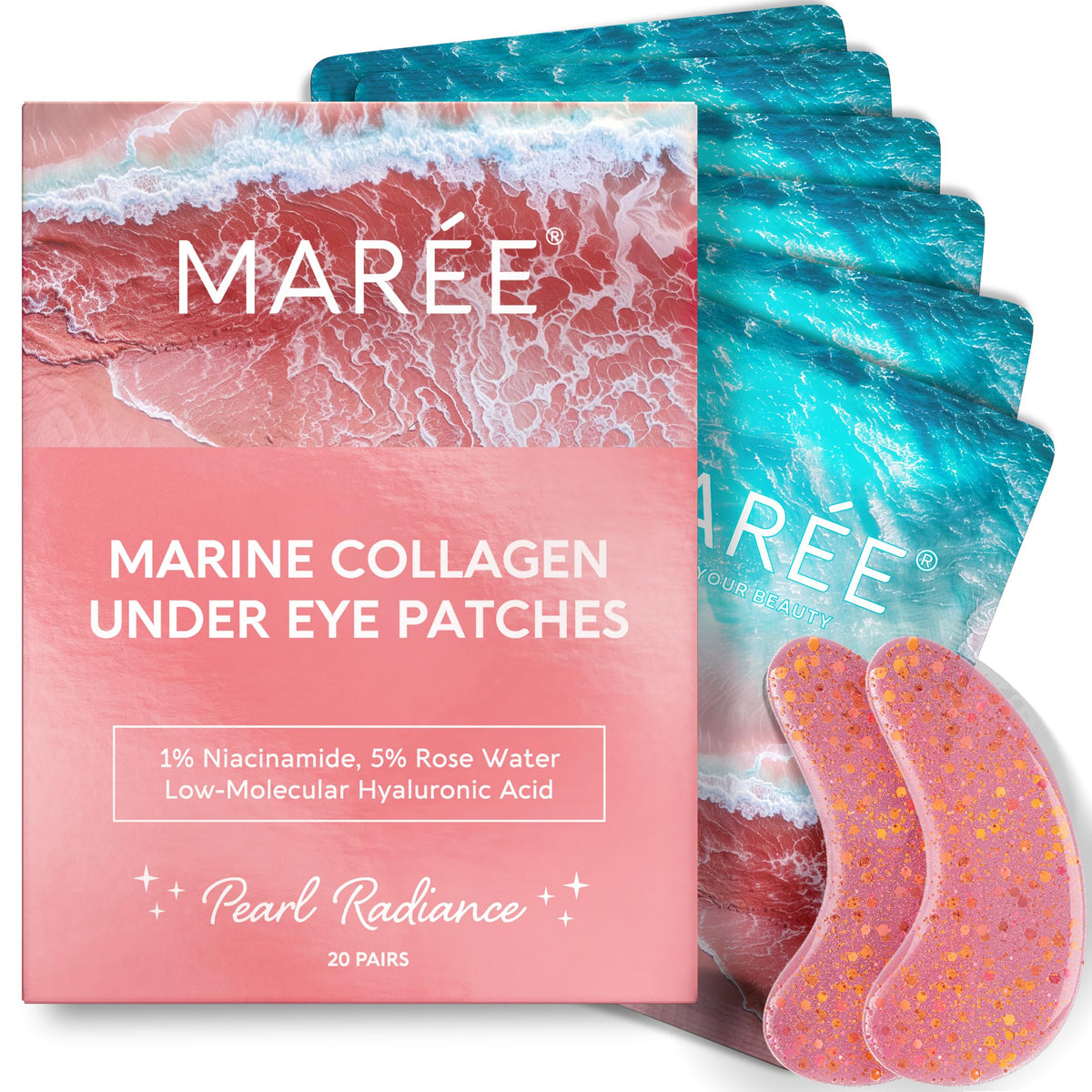 MAREE box front view showing pink collagen eye patches and clear benefit