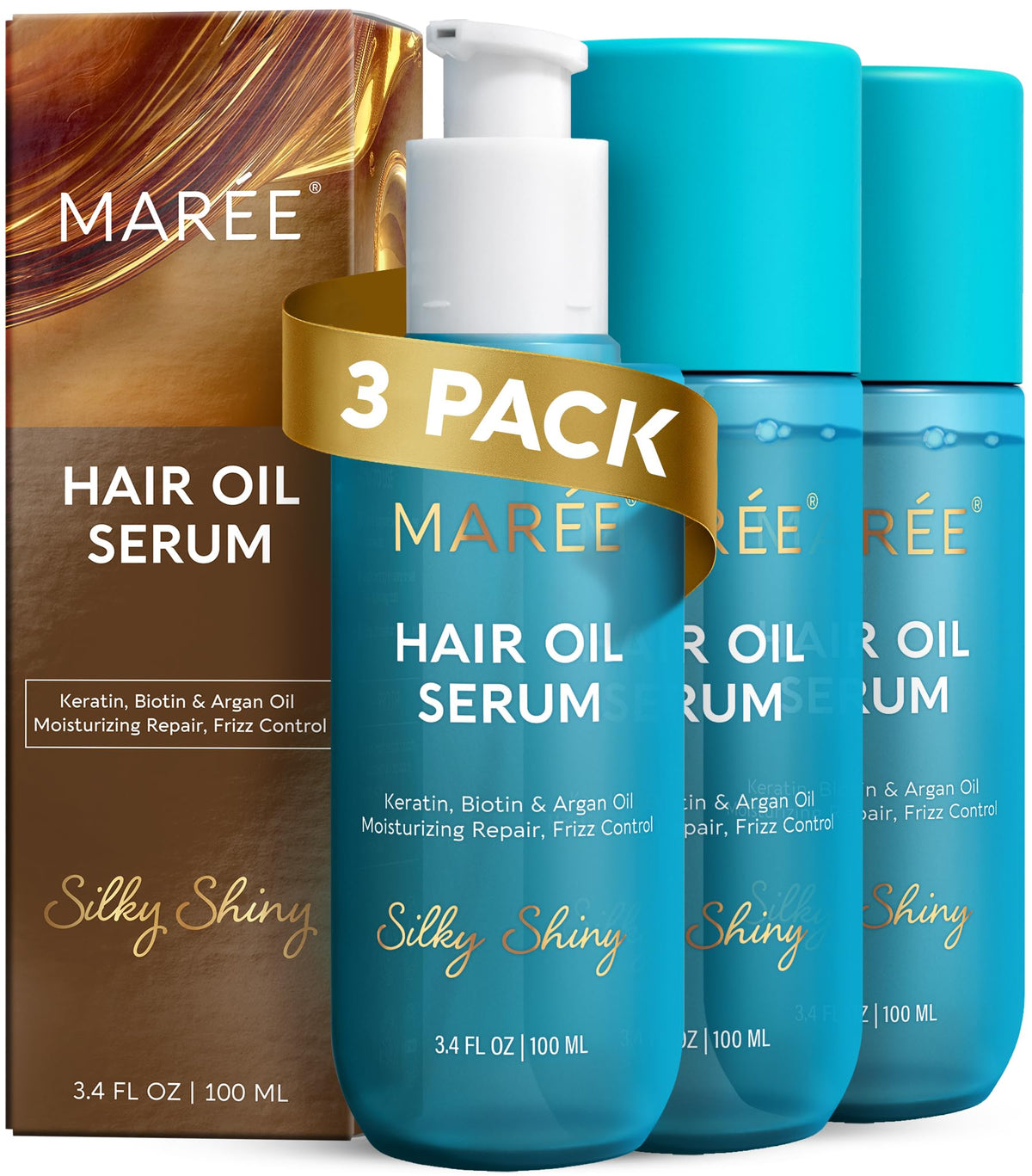 MAREE front packaging of three hair oil bottles showing value pack and glossy finish