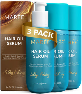 MAREE front packaging of three hair oil bottles showing value pack and glossy finish