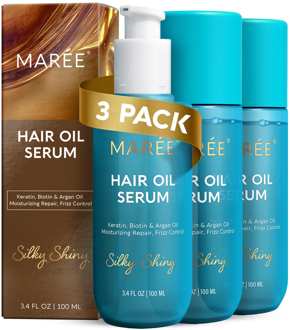MAREE front packaging of three hair oil bottles showing value pack and glossy finish