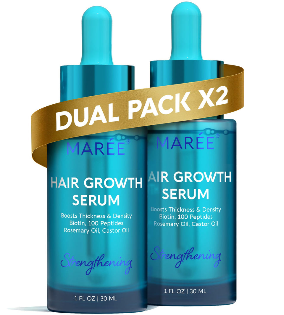 MAREE front packaging showcasing dual hair growth serum bottles, professional benefit