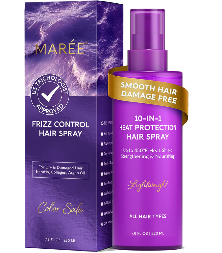 MAREE front packaging of heat protection spray showing bottle and branding benefits