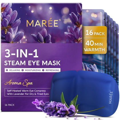 MAREE front packaging showing heated eye mask benefits and single-use convenience
