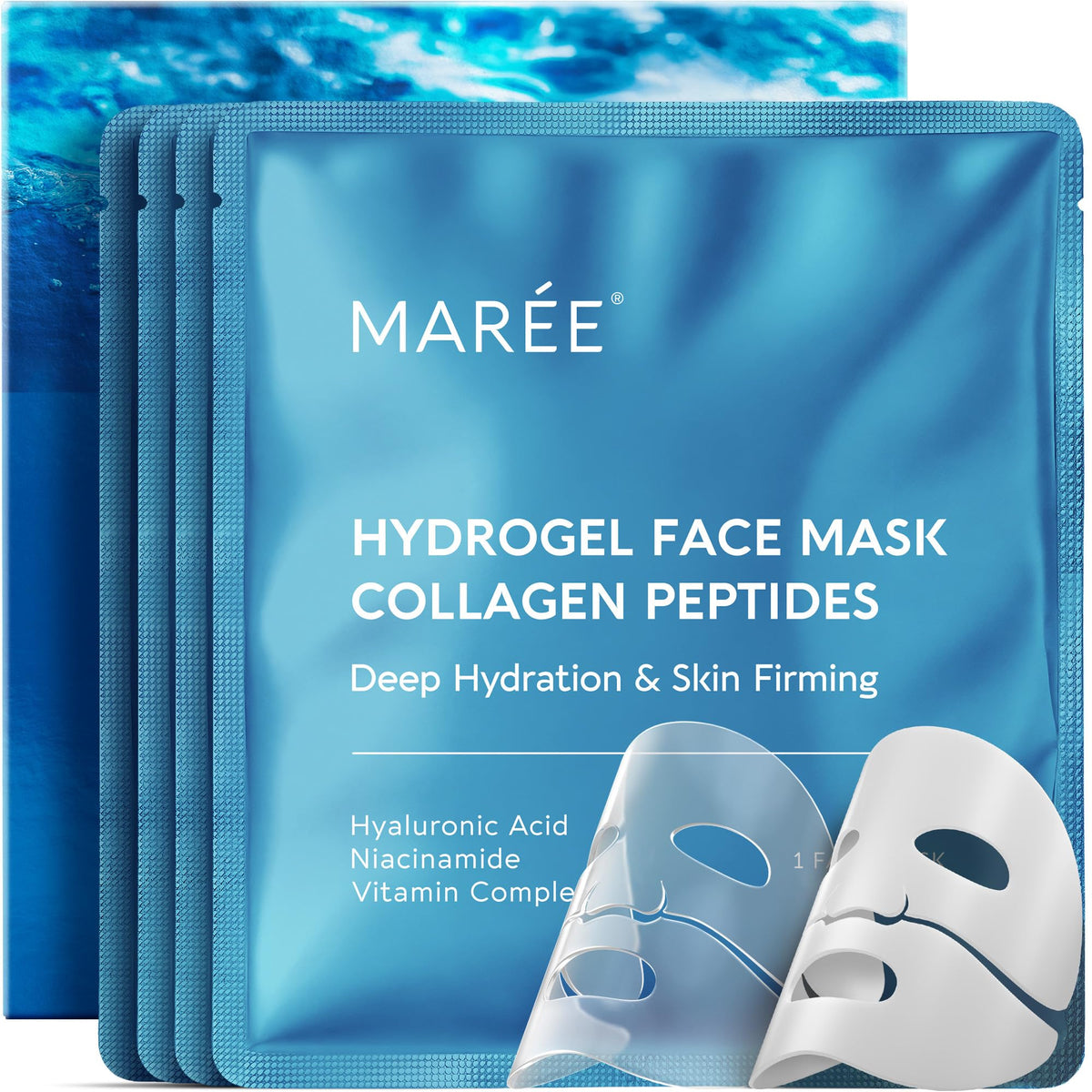 MAREE front packaging showing four hydrogel mask sachets and benefits