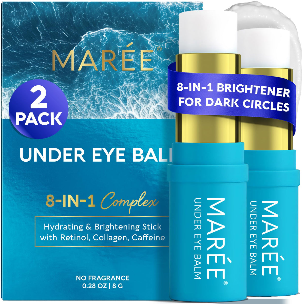 MAREE front packaging showing two under eye balm sticks for quick hydration