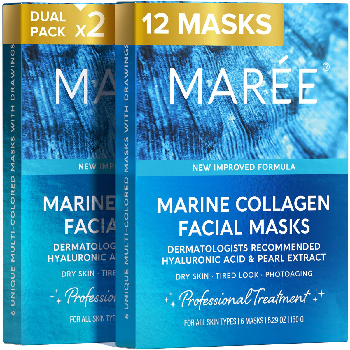MAREE front packaging showing 12-count hydrating masks benefit quick hydration