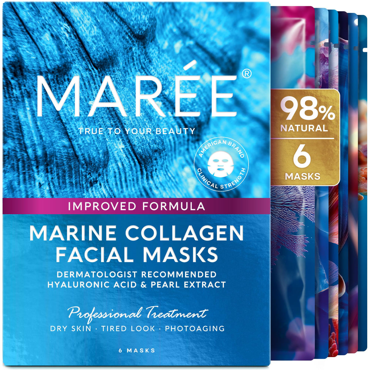 MAREE front packaging showing six hydrating sheet masks and benefits