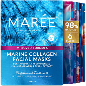 MAREE front packaging showing six hydrating sheet masks and benefits