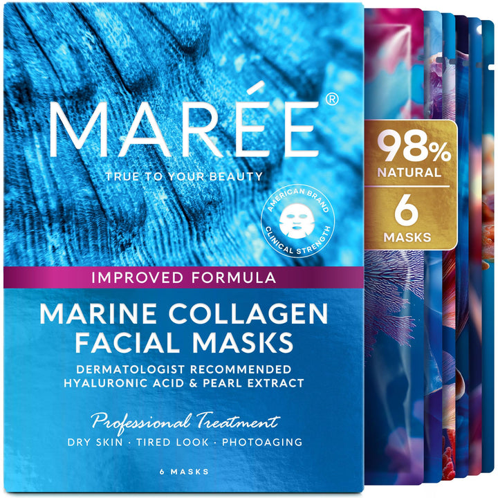 MAREE front packaging showing six hydrating sheet masks and benefits