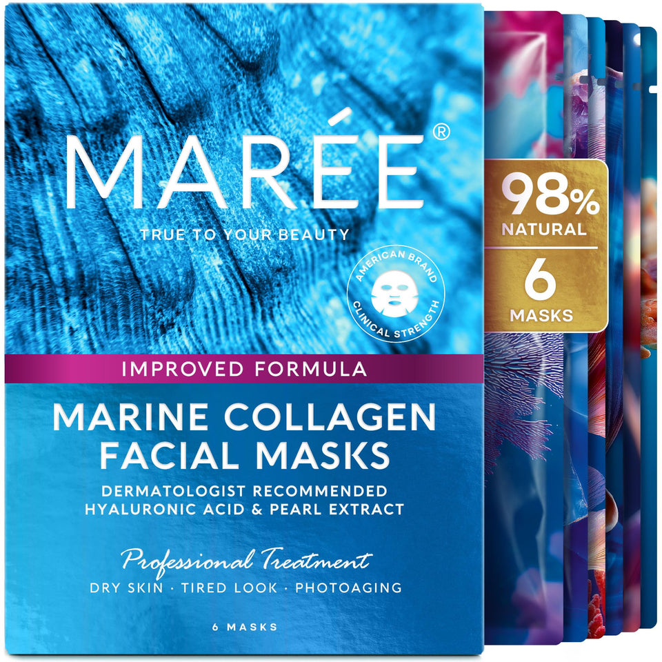 MAREE front packaging showing six hydrating sheet masks and benefits