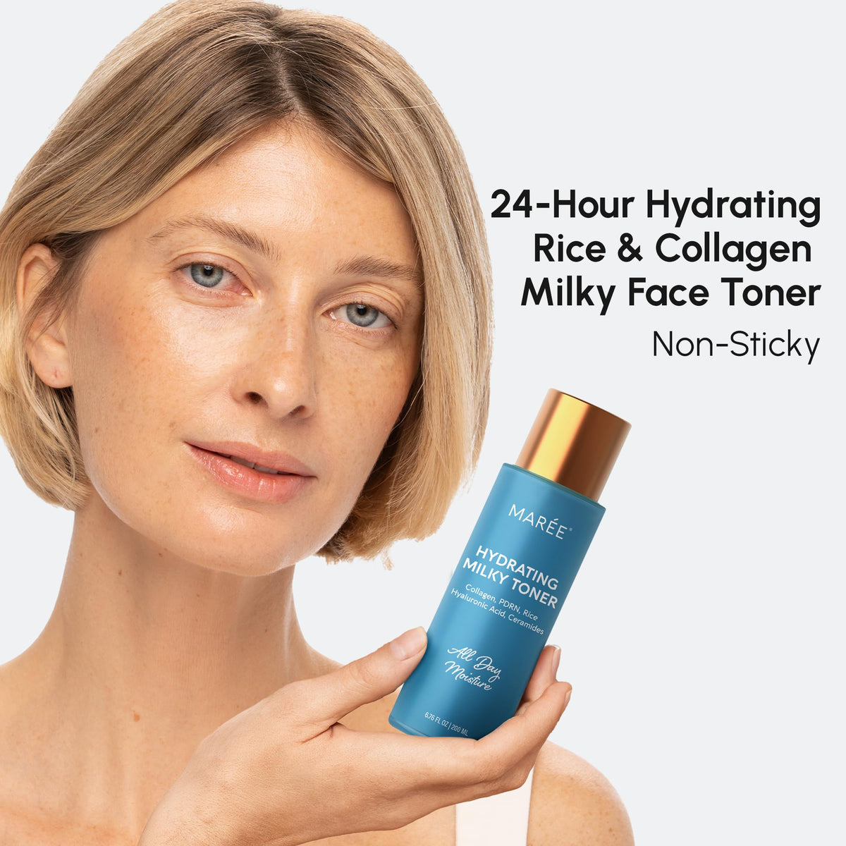 MAREE open cap dispensing milky toner illustrating easy application