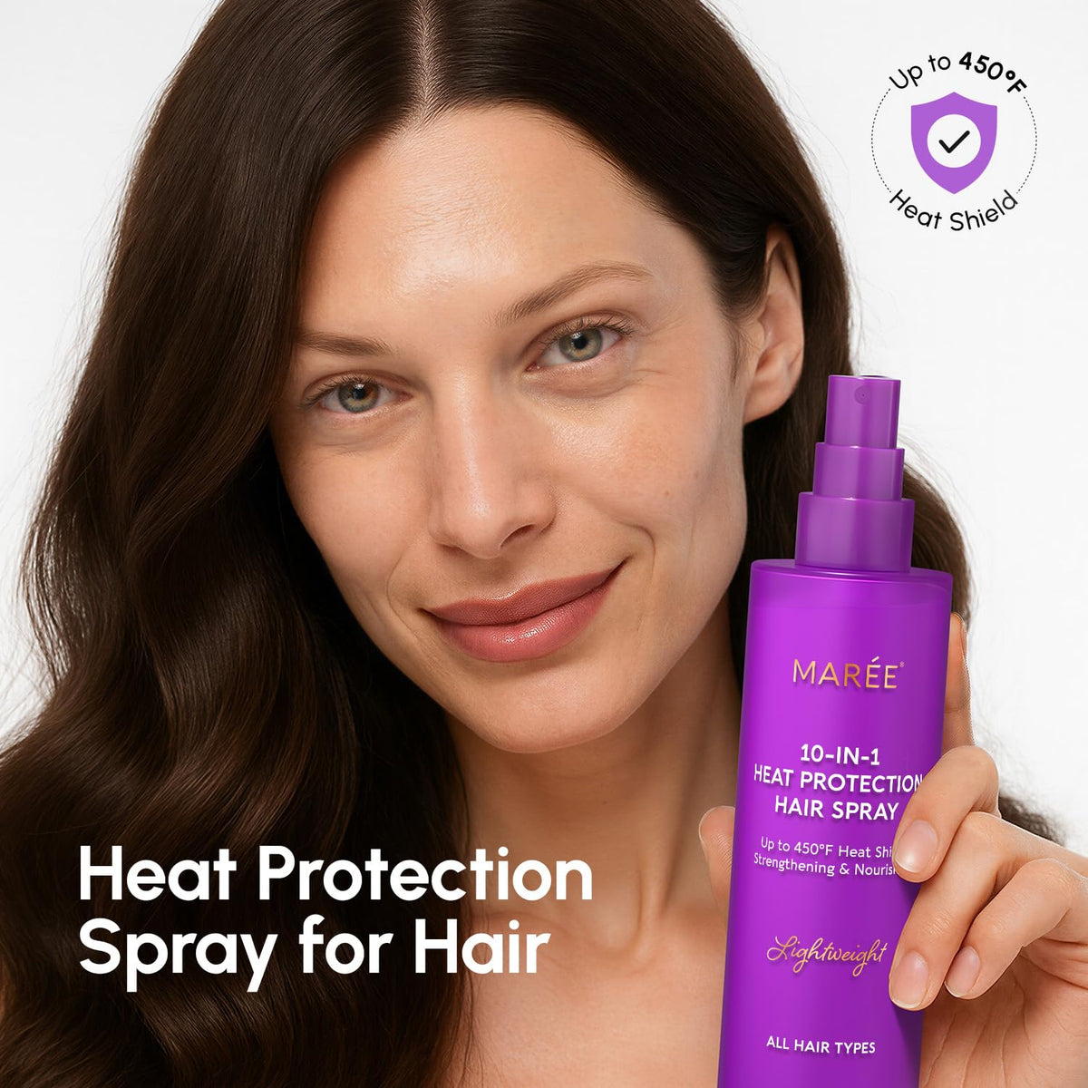 MAREE spray nozzle close-up demonstrating even mist and easy application benefit