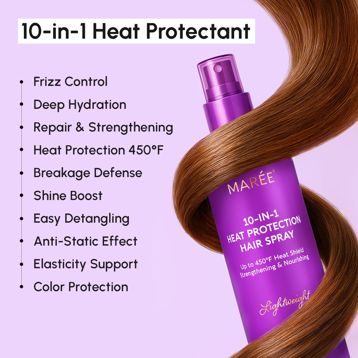 MAREE texture pictured as fine mist on hair strands illustrating lightweight protection