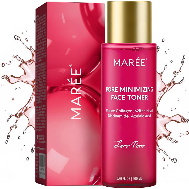 MAREE bottle front label showing product name and key benefits for clearer skin