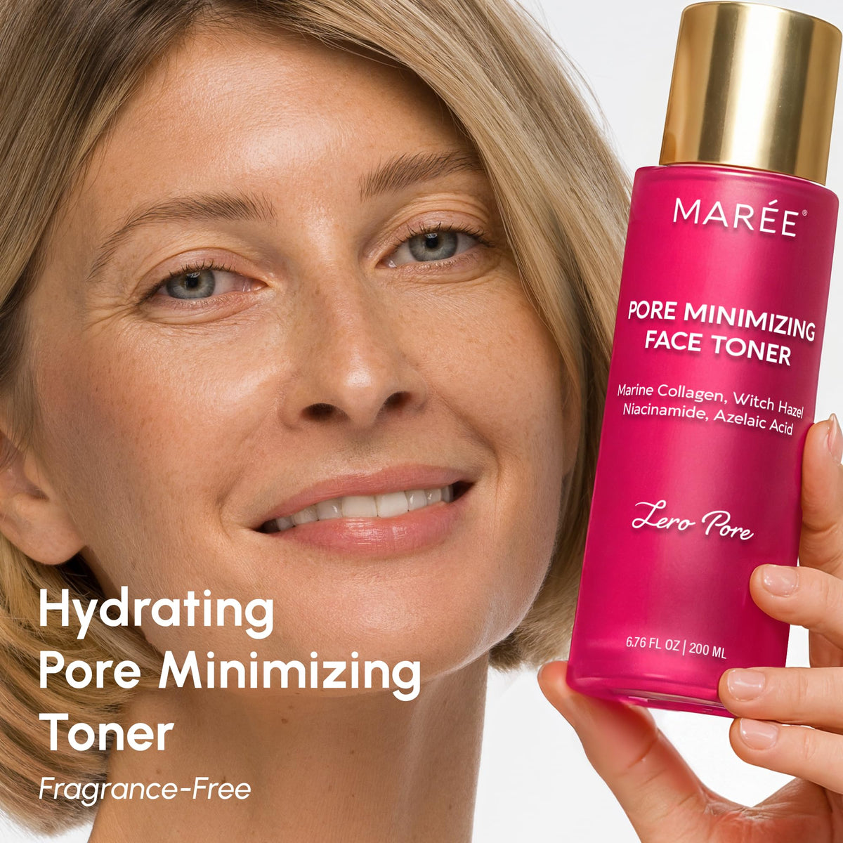MAREE toner texture pouring from bottle highlighting lightweight, fast-absorbing formula