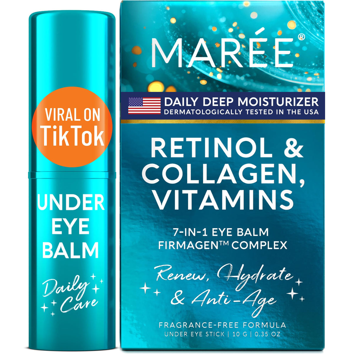 MAREE front packaging of under eye balm stick showing compact design and benefits