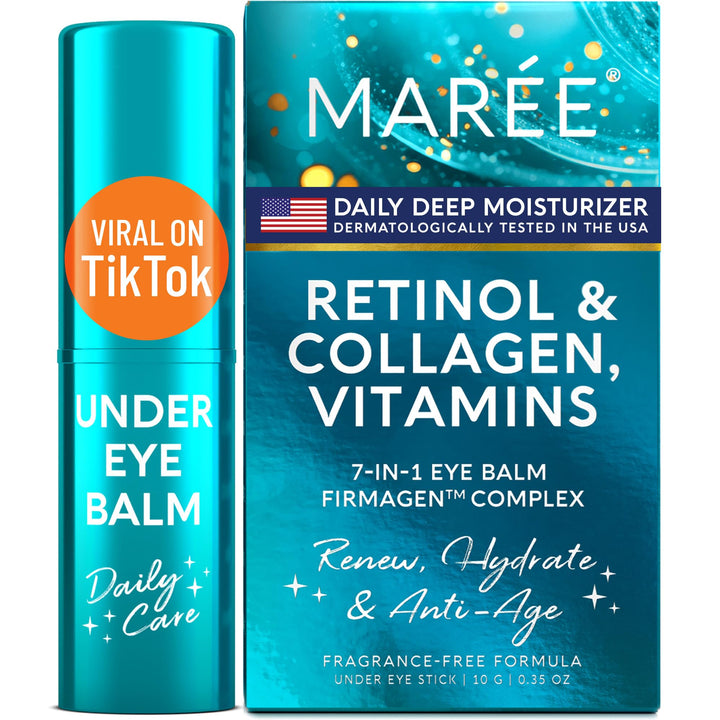 MAREE front packaging of under eye balm stick showing compact design and benefits