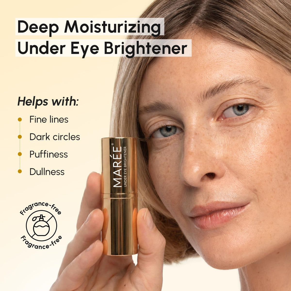 MAREE under eye stick with cap removed revealing solid balm and travel-ready benefit