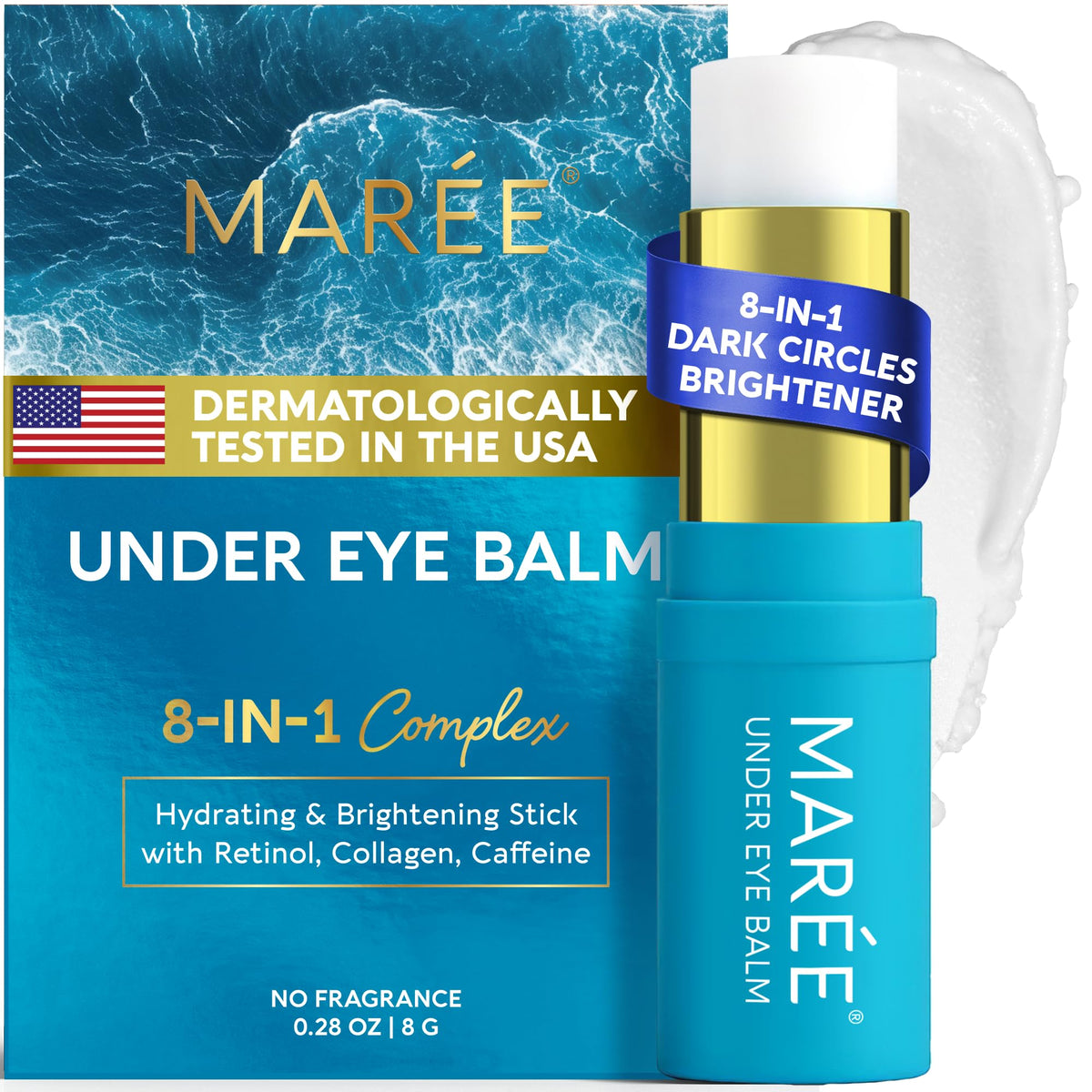 MAREE under eye stick front packaging showing compact design and convenience