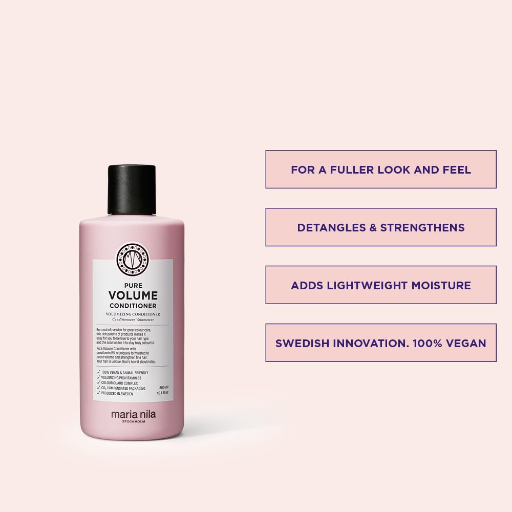 Maria Nila label detail and pump top, emphasizes clean ingredients and easy dispensing