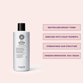 Maria Nila Sheer Silver shampoo texture pouring to show violet pigment benefit