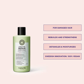 Maria Nila bottle pump and label detail highlighting sustainable production