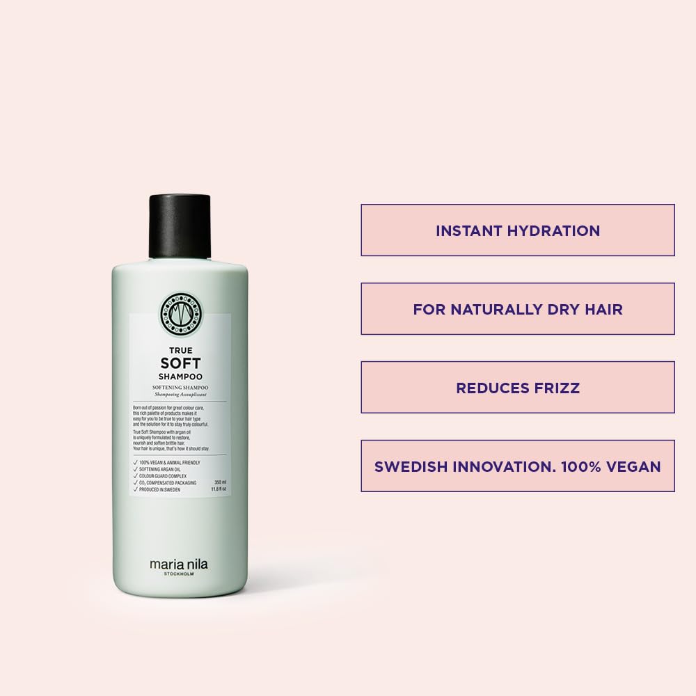 Maria Nila True Soft shampoo being dispensed from pump, demonstrating easy, controlled use