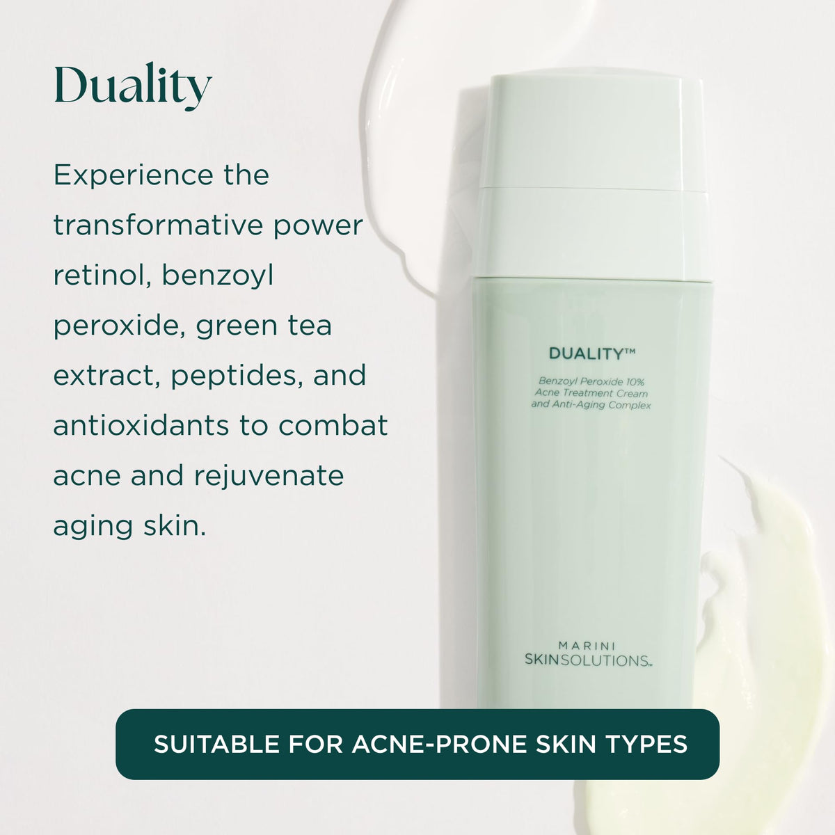 Marini SkinSolutions dual-chamber dispenser demonstrating separate benzoyl peroxide and retinol