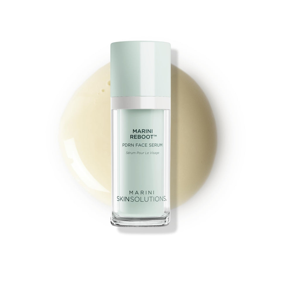 Marini SkinSolutions front packaging showing sleek bottle and branding benefits