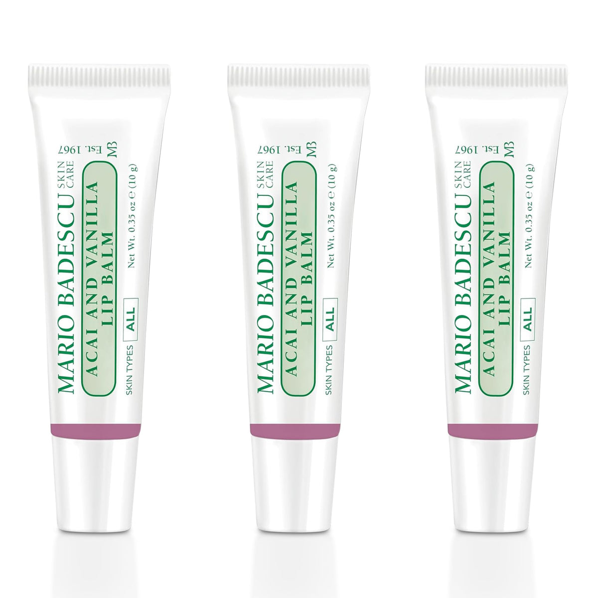 Mario Badescu front packaging showing three acai and vanilla tubes for easy carry