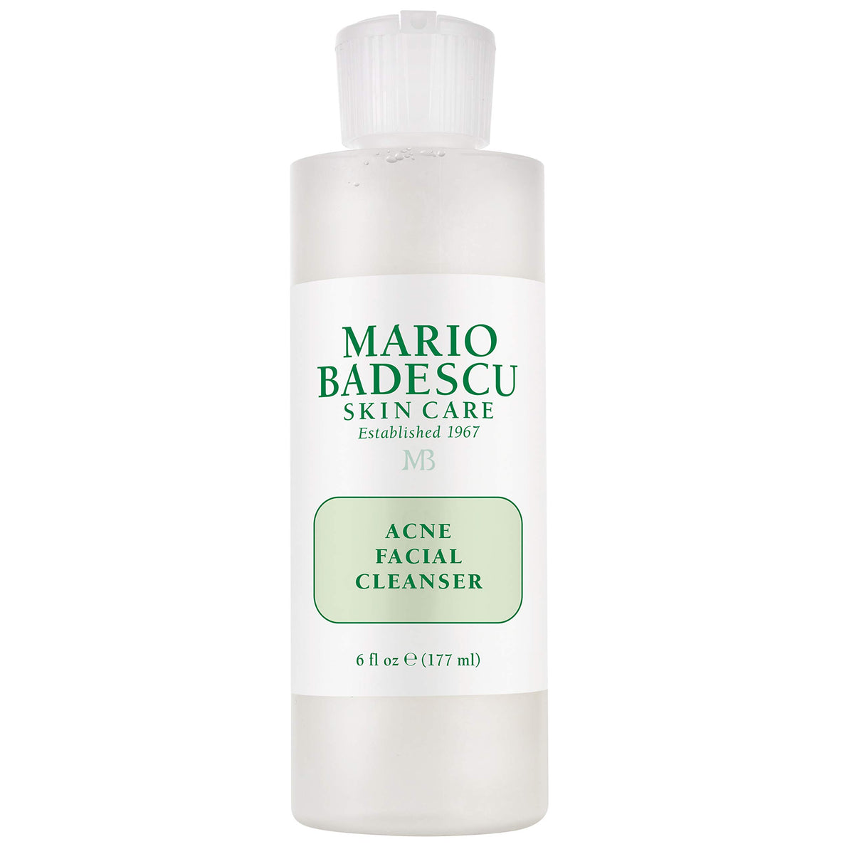 Mario Badescu cleanser front packaging showing bottle and label, clear product benefit