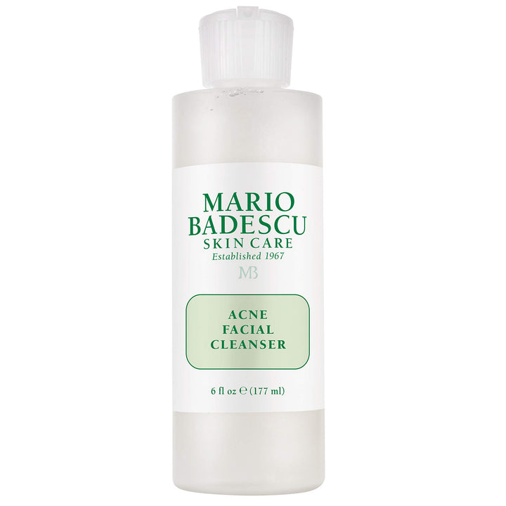 Mario Badescu cleanser front packaging showing bottle and label, clear product benefit