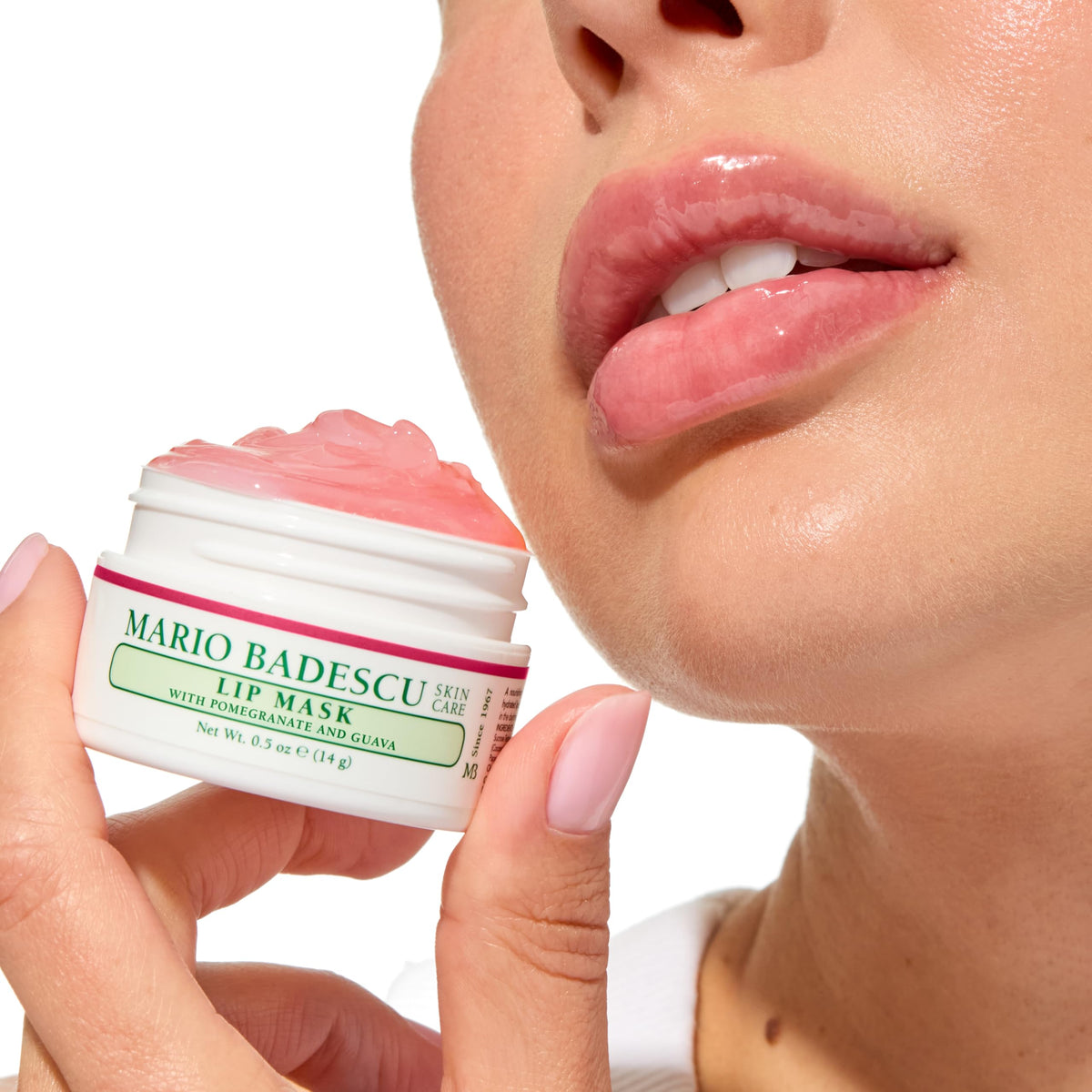 Mario Badescu application on lips demonstrating smooth, nourishing finish