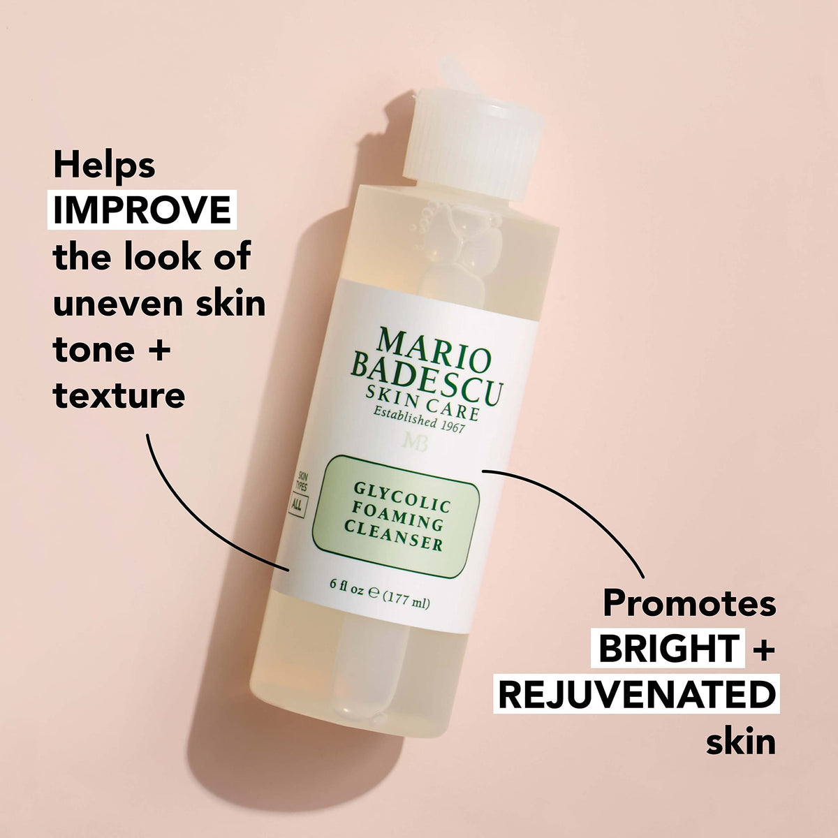 Mario Badescu bottle label detail highlighting active glycolic acid benefits
