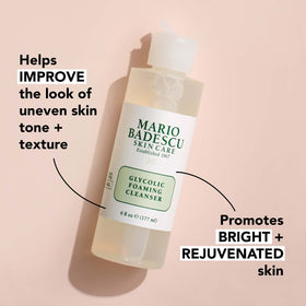 Mario Badescu bottle label detail highlighting active glycolic acid benefits