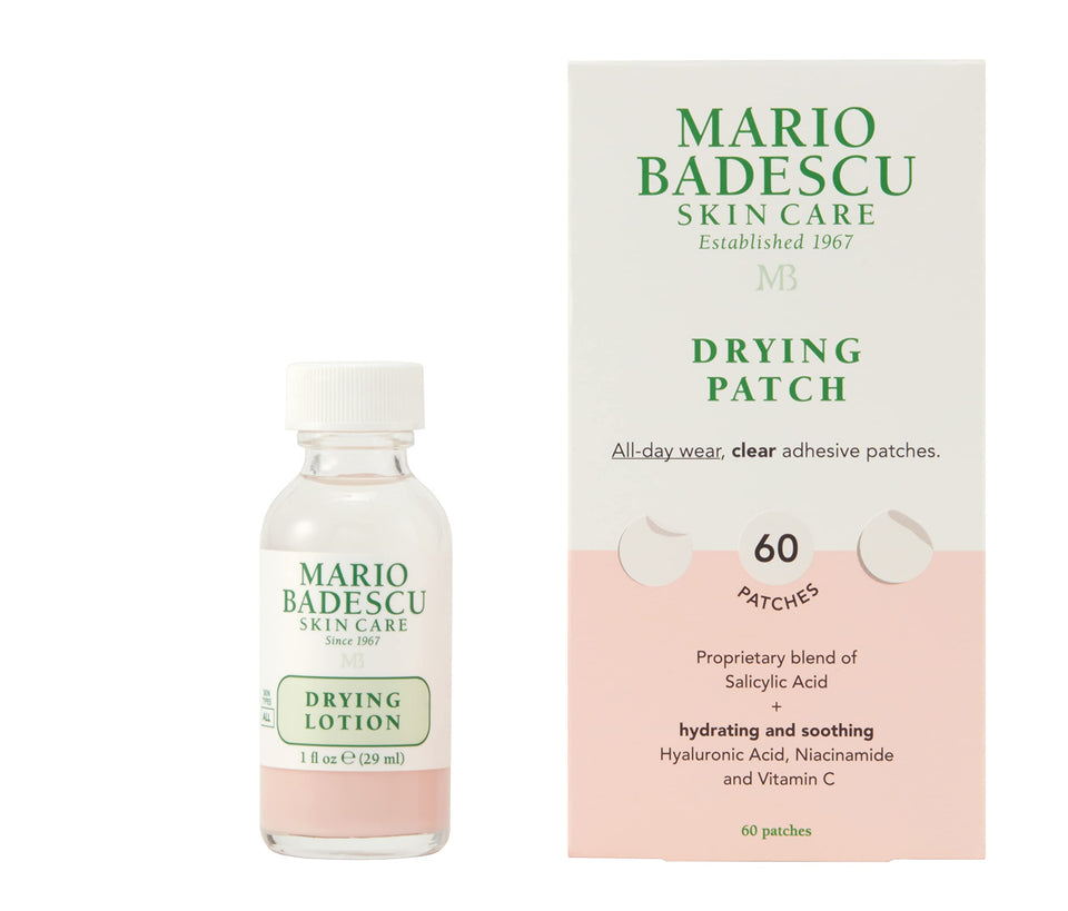 Mario Badescu front packaging showing both lotion and patch benefits