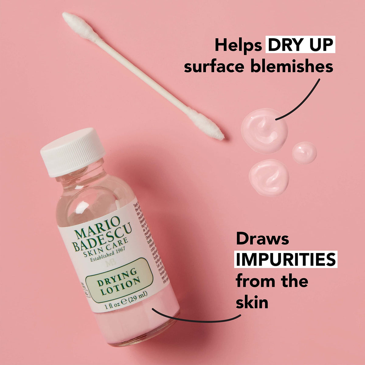 Mario Badescu bottle next to hand showing 1 fl oz scale and convenience