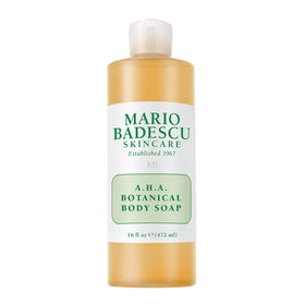 Mario Badescu front packaging shows AHA body wash and benefits