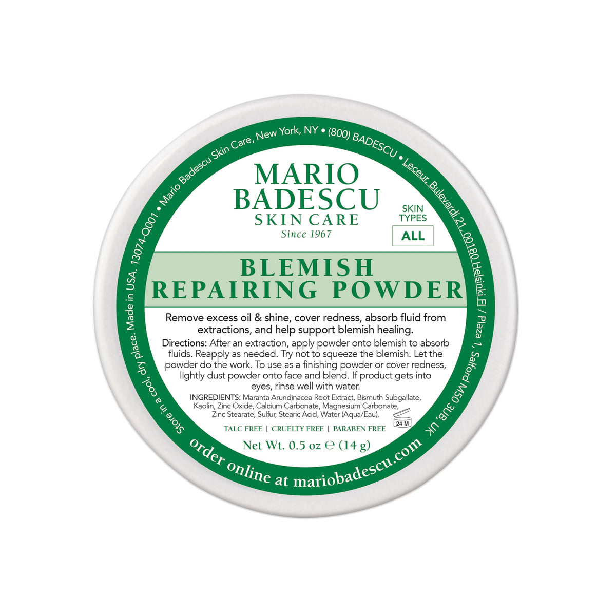 Mario Badescu front packaging showing blemish powder and benefits