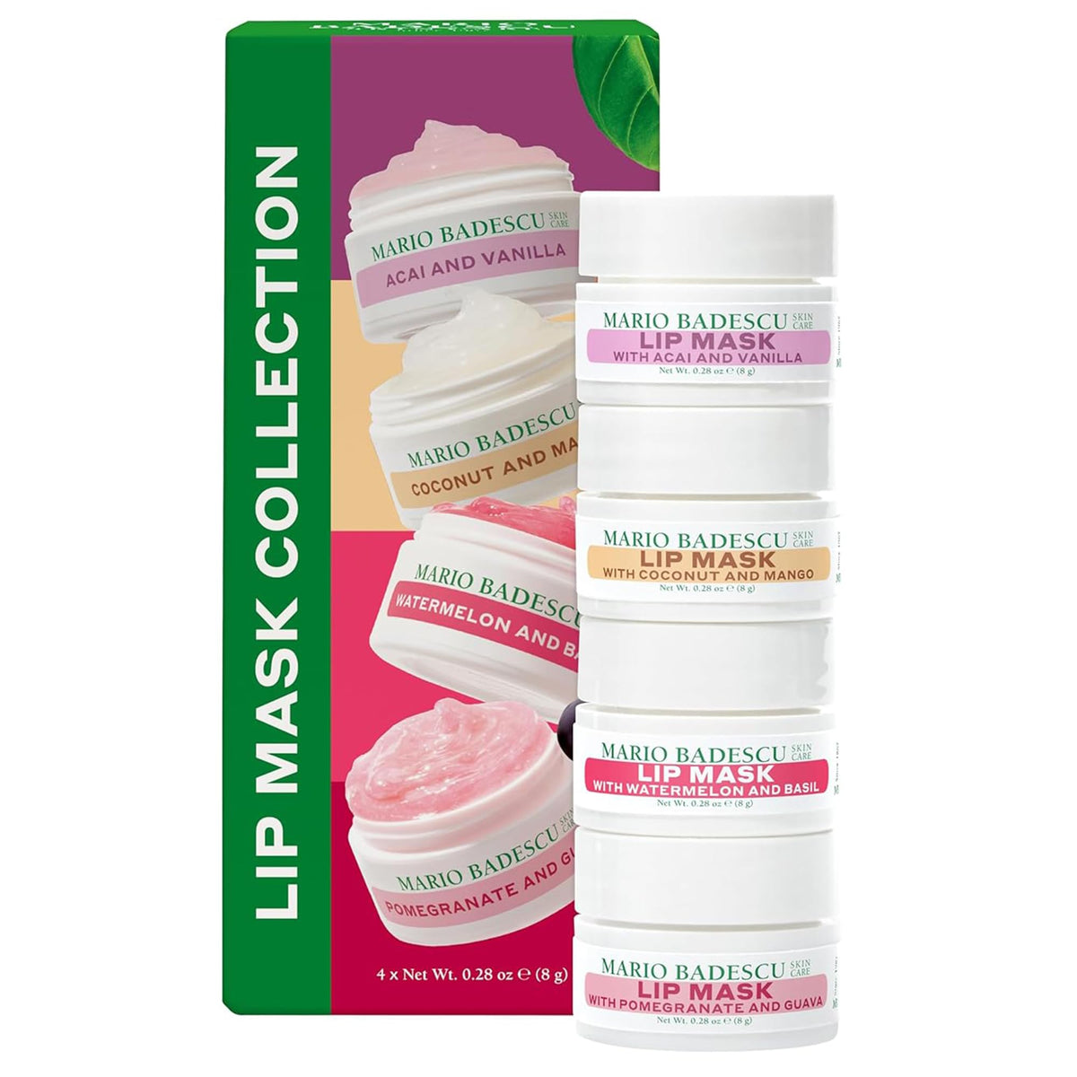 Mario Badescu front packaging of 4-piece lip mask collection, travel-friendly hydration