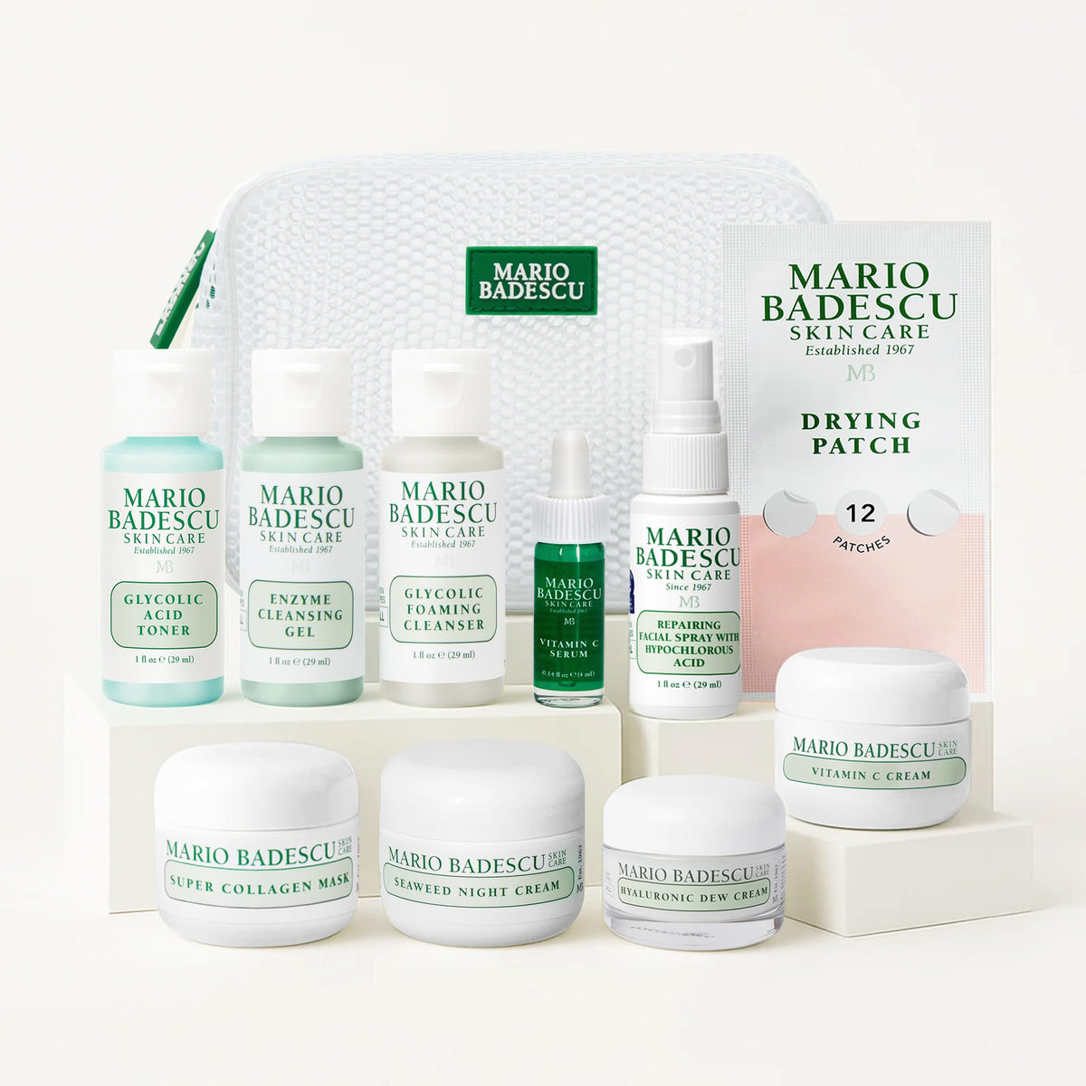 Mario Badescu front packaging showing full 10-piece kit and benefits