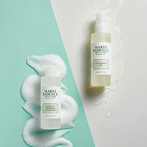 Mario Badescu cleanser staged on bathroom shelf, suggests easy daily routine