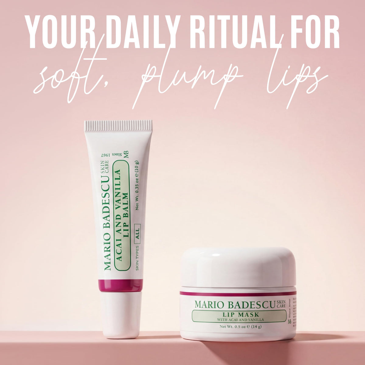 Mario Badescu natural ingredients display acai berries and coconut emphasizing botanical care