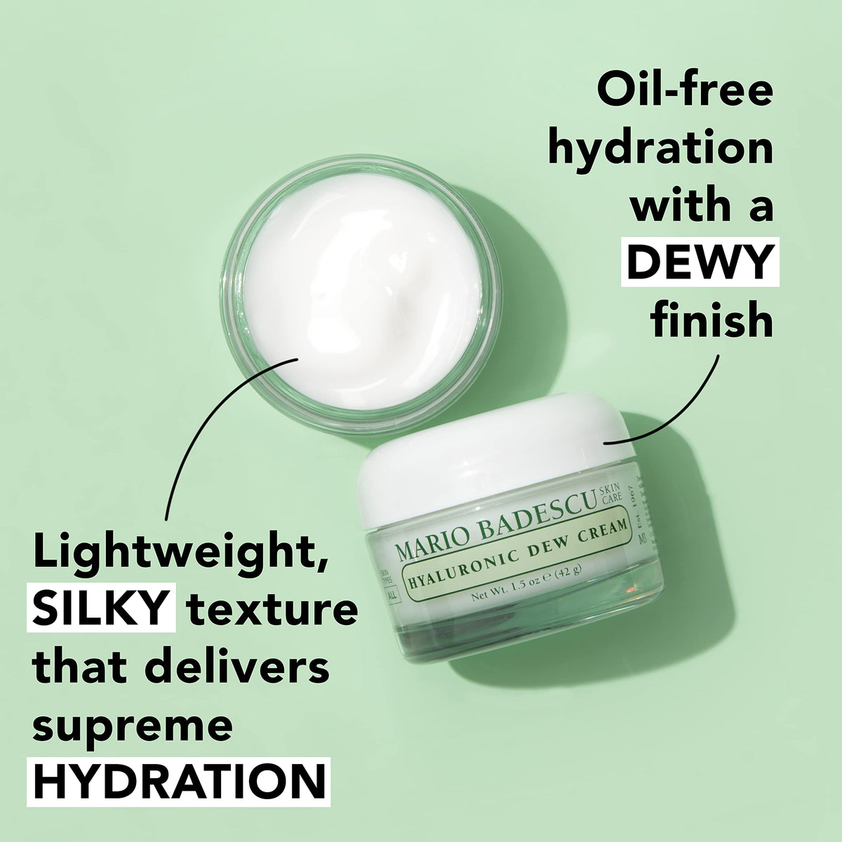 Mario Badescu open jar showing pale gel-cream ready to smooth skin for a dewy finish