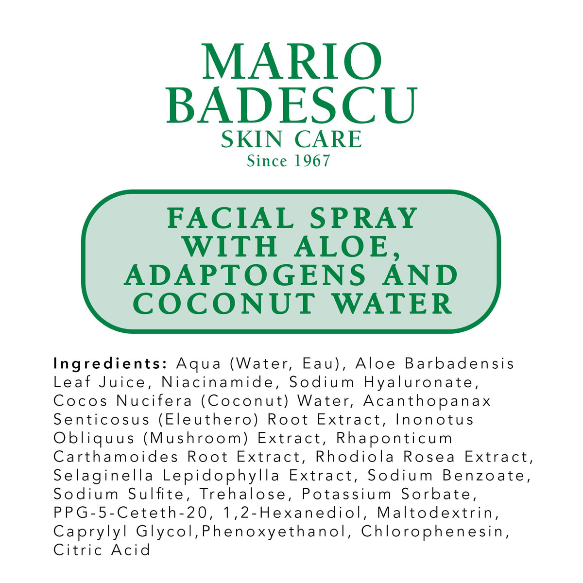 Mario Badescu label close-up highlighting hyaluronic and niacinamide benefits