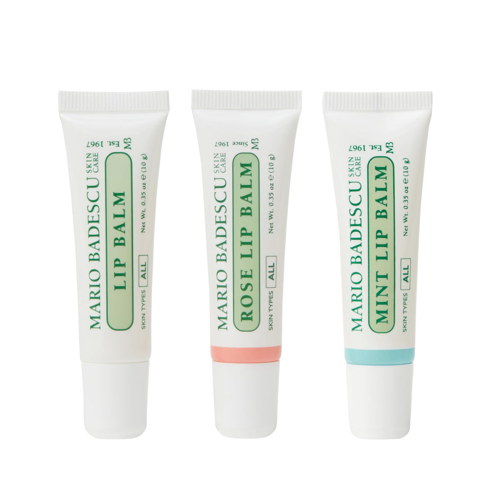 Mario Badescu trio front packaging showing all three balms and quick selection benefit