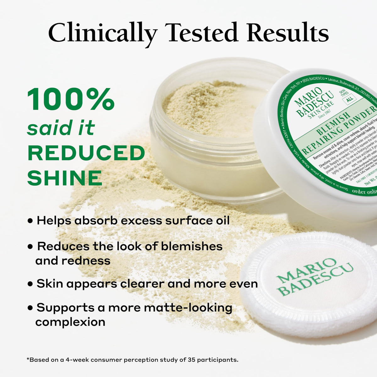 Mario Badescu blending powder with loose makeup for matte control
