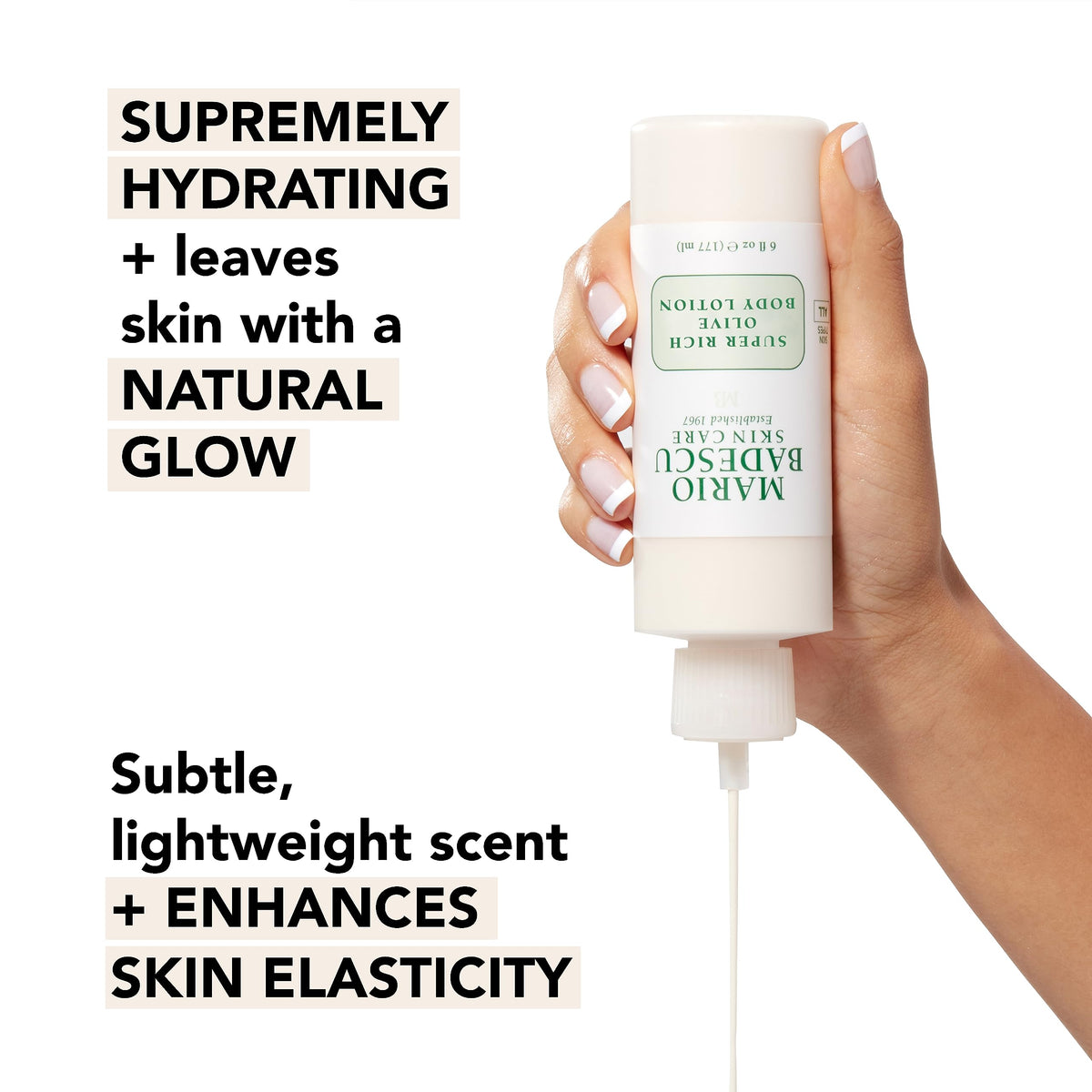 Mario Badescu close-up of lotion texture on pump, shows creamy absorbent consistency