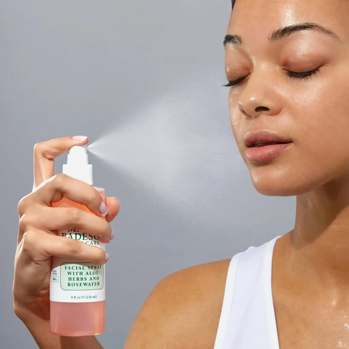 Mario Badescu rosewater bottle close-up showing label and soothing formula