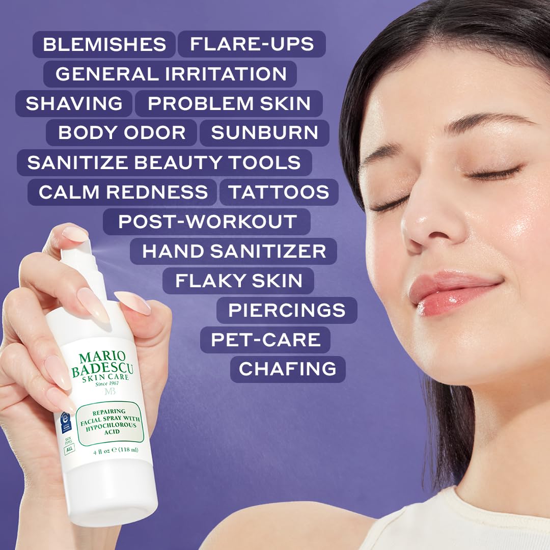 Mario Badescu bottle in hand showing 4 fl oz scale and portability benefit